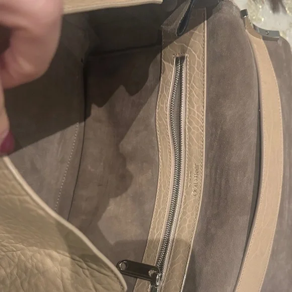 Jimmy Choo Leather Shoulder Bag | Beige & Black | Silver Hardware - Picture 6 of 16